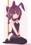  1girl absurdres animal_ears black_thighhighs bow bowtie brown_hair commentary detached_collar fallenshadow hair_bow highres indie_virtual_youtuber looking_at_viewer playboy_bunny purple_bow purple_bowtie purple_eyes rabbit_ears rabbit_tail shok_(shovelkun) short_hair smile solo stripper_pole symbol-only_commentary tail thighhighs virtual_youtuber wrist_cuffs 