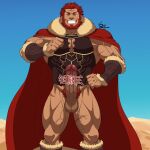  1boy abs armor bara beard blue_sky bottomless breastplate cape dark-skinned_male dark_skin erection facial_hair fate/grand_order fate/zero fate_(series) full_body fur-trimmed_cape fur_trim grin highres iskandar_(fate) large_pectorals looking_at_viewer male_focus male_pubic_hair mature_male muscular muscular_male nipples pectoral_cleavage pectorals penis pointing pointing_at_self pubic_hair red_cape red_eyes red_hair shirako_(kirupi) short_hair sky smile solo standing text_censor thick_eyebrows veins veiny_penis 