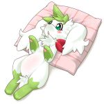  animal_focus bangs blush commentary_request full_body green_eyes green_hair hands_up kame_(3t) lying no_humans on_back open_mouth partial_commentary pawpads pillow pokemon pokemon_(creature) shaymin shaymin_(sky) short_hair simple_background solo white_background 