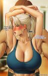  1boy 1girl absurdres armpits arms_up bangs bare_shoulders blonde_hair blue_eyes blue_sports_bra blurry blurry_background blush breasts brown_hair ceo_and_bodyguard cleavage english_text high_ponytail highres indoors kang_hansung large_breasts lee_yena midriff muscular muscular_male original robocap sidelocks solo_focus sports_bra standing sweat 