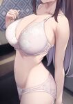  1girl absurdres arm_behind_back bare_arms blurry blurry_background bra breasts brown_hair cleavage collarbone commentary_request head_out_of_frame highres karaage_bou large_breasts navel original panties sidelocks solo standing stomach underwear underwear_only white_bra white_panties 