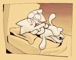  2021 ambiguous_gender anthro bed blush domestic_cat duo embrace eyes_closed felid feline felis fur furniture hug inside jaquin_s kissing love mammal on_bed pawpads paws pillow toony white_body white_fur yellow_theme 