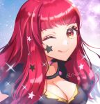  1girl bangs black_cape blush breasts cape choker cleavage facial_mark fire_emblem fire_emblem_engage hair_ornament large_breasts long_hair looking_at_viewer one_eye_closed red_eyes red_hair simple_background smile solo star_(symbol) star_facial_mark star_hair_ornament youhei_choregi yunaka_(fire_emblem) 