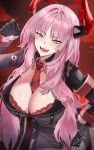  1girl black_gloves blue_archive bra breasts cleavage coin demon_horns fangs gloves hand_on_hip highres holding_pendulum holed_coin horns kaji_zarame large_breasts long_hair looking_at_viewer military military_uniform mole mole_on_breast necktie pendulum pink_eyes pink_hair red_bra red_necktie satsuki_(blue_archive) signature smile solo underwear uniform 