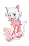  1girl absurdres animal_ear_fluff animal_ears arms_between_legs bangs blue_eyes blue_hair blunt_bangs blush cat_ears cat_girl cat_tail commentary crossed_legs dot_nose english_commentary fangs frilled_shorts frilled_sleeves frills full_body gawr_gura hair_ornament highres hololive hololive_english hood hood_down hooded_shirt looking_at_viewer medium_hair multicolored_clothes multicolored_hair multicolored_legwear on_floor open_mouth opossumachine pink_shirt pink_shorts pink_socks shark_hair_ornament shirt short_sleeves short_twintails shorts simple_background sitting socks solo straight_hair streaked_hair striped striped_socks tail teeth twintails white_background white_hair white_socks 