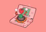  bell_pepper commentary english_commentary fire flame food frying_pan handheld_game_console highres meyoco nintendo_ds no_humans original pink_background simple_background smoke sparkle tomato vegetable 