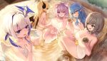  5girls ahoge amane_kanata angel angel_wings animal_ear_fluff animal_ears bangs bare_shoulders blonde_hair blue_hair blush breasts cat_ears cat_girl cat_tail cleavage collarbone colored_inner_hair demon_girl demon_horns demon_wings feathered_wings green_eyes grey_hair hair_between_eyes hair_ornament hair_rings halo heart heart_ahoge hololive horns large_breasts long_hair mole mole_on_breast multicolored_hair multiple_girls naked_towel nekomata_okayu onsen open_mouth partially_submerged pointy_ears pondel purple_eyes purple_hair shirogane_noel short_hair sitting smile star_halo steam streaked_hair tail towel two_side_up very_long_hair virtual_youtuber water wet white_wings wings yellow_eyes yukihana_lamy yuzuki_choco 