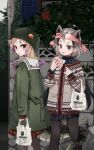  2girls african_rock_python_(kemono_friends) alternate_costume animal_ears bag bear_ears bear_girl black_pantyhose blonde_hair blue_skirt blush brown_eyes brown_hair casual coat eating ezo_brown_bear_(kemono_friends) food gradient_hair green_coat green_headwear grey_eyes grey_hair hairband hat highres japari_bun kemono_friends long_hair long_sleeves multicolored_hair multicolored_sweater multiple_girls nanana_(nanana_iz) pantyhose pleated_skirt purple_hair scales shopping_bag skirt snake_tail sweater tail tail_wrap twintails white_sweater winter_clothes winter_coat 