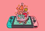  apple boned_meat chicken_leg commentary cooking_pot english_commentary fire firewood flame food fruit grass handheld_game_console highres meat meyoco mushroom nintendo_switch no_humans pink_background plant simple_background sparkle star_(symbol) the_legend_of_zelda the_legend_of_zelda:_breath_of_the_wild 