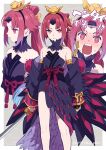  1girl benienma_(fate) benienma_alter_(fate) bird_hair_ornament blue_pupils detached_sleeves fate/grand_order fate_(series) feather_trim hair_ornament highres holding holding_sword holding_weapon katana long_hair pspsno_pan red_eyes red_hair strapless sword twitter_username weapon 