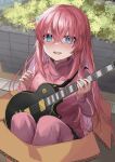  1girl bangs black_skirt blue_eyes blush bocchi_the_rock! box cardboard_box commentary cube_hair_ornament day electric_guitar gotou_hitori guitar hair_between_eyes hair_ornament highres holding holding_instrument in_box in_container instrument jacket long_hair looking_at_viewer nervous_smile nose_blush one_side_up open_mouth outdoors pants pants_under_skirt pink_hair pink_jacket pink_pants pleated_skirt skirt smile solo sweat ten-chan_(eternal_s) track_jacket track_pants track_suit very_long_hair 