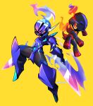  absurdres blade ceruledge charcadet colored_sclera commentary_request evolutionary_line eye_trail fire highres ishiexe leg_up light_trail looking_at_viewer no_humans pointy_ears pokemon pokemon_(creature) purple_fire red_sclera simple_background yellow_background yellow_eyes 