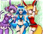  3girls blush breasts cleavage cosplay espeon flareon meawsy_(artist) multiple_girls panties pokemon smile underwear vaporeon wink 