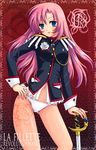  aiguillette blue_eyes epaulettes haco_(risebox) long_hair navel no_pants panties pink_hair shoujo_kakumei_utena solo sword tattoo tenjou_utena underwear weapon white_panties 