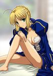  absurdres ahoge artoria_pendragon_(all) barefoot bed blue_dress blue_ribbon breasts cleavage dress fate/stay_night fate_(series) hair_ribbon highres ishihara_megumi lavender_panties looking_at_viewer medium_breasts no_bra on_bed open_clothes open_dress panties pantyshot pantyshot_(sitting) ribbon saber sitting smile solo underwear 