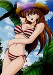  arm_up armpits bikini blue_eyes breasts brown_hair cleavage cloud day hat highres large_breasts long_hair neon_genesis_evangelion open_mouth side-tie_bikini sky smile solo souryuu_asuka_langley straw_hat striped striped_bikini swimsuit uninigumi 