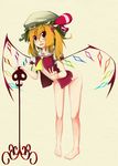  alternate_weapon alternate_wings bad_id bad_pixiv_id barefoot blonde_hair bottomless fang feet flandre_scarlet flat_chest green_eyes hat highres laevatein leaning_forward multicolored multicolored_eyes open_clothes open_mouth open_shirt ponytail red_eyes shirt short_hair side_ponytail smile solo sorrau touhou v weapon wings 