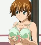  1girl animated animated_gif bra breast_grab breasts brown_hair chitose_midori gif grabbing green_eyes green_green indoors large_breasts lingerie lowres short_hair solo underwear 