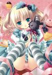  :d absurdres aqua_dress argyle ass bandages blonde_hair blush bow dengeki_moeou dress frills hair_bow hairband head_tilt heart highres legs_up lying on_back open_mouth panties pink_panties smile solo striped striped_legwear stuffed_animal stuffed_bunny stuffed_toy thighhighs tinker_bell twintails underwear 