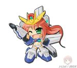  after_war_gundam_x armor bikini_armor chibi green_eyes gun gundam gundam_x mecha_musume one_eye_closed red_hair rifle solo weapon 