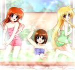  absurdres ass barefoot bath blonde_hair blue_towel blush brown_hair fate_testarossa feet green_towel highres long_hair lyrical_nanoha mahou_shoujo_lyrical_nanoha mahou_shoujo_lyrical_nanoha_a's multiple_girls naked_towel okuda_yasuhiro pink_towel purple_eyes red_eyes short_hair takamachi_nanoha towel very_long_hair water wet yagami_hayate 