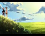  1girl aquaxdrop arm_at_side back brown_hair cloud day field flower grass holding_hands jacket legs_apart letterboxed long_hair lowres maka_albarn miniskirt outdoors pants school_uniform skirt sky soul_eater soul_eater_(character) standing sweater_vest twintails white_hair wind 