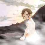  absurdres back bad_id bad_pixiv_id brown_eyes brown_hair censored convenient_censoring flat_chest highres looking_back nude onsen original satou_kou short_hair smile solo steam steam_censor towel water 