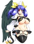  :&lt; asymmetrical_wings bare_shoulders blue_hair blush boots breasts choker curvy detached_sleeves dizzy feathers full_body guilty_gear high_heels huge_breasts lute_(apocalypselibrary) navel pussy_peek red_eyes ribbon shoes simple_background solo tail tail_ribbon thighhighs underboob wide_hips wings 