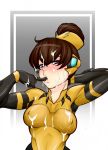  1girl absurdres alternate_costume blush breasts cleavage cum cum_on_body cum_on_breasts cum_on_upper_body d.va_(overwatch) erect_nipples facial female highres looking_at_viewer nipples overwatch solo tammaro tammdraws 