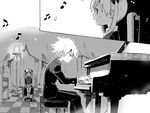  1girl grand_piano greyscale instrument maka_albarn monochrome musical_note niwa piano sitting soul_eater soul_eater_(character) 