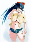  blue_eyes blue_hair bow breasts cowboy_shot denim denim_shorts hair_bow hand_on_thigh highres large_breasts navel nipples original ponytail ryoji_(nomura_ryouji) see-through short_sleeves shorts solo torn_clothes 