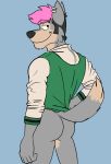  anthro bottomless butt canid canine canis clothed clothing ear_piercing ear_ring hair hoodie letterman_jacket looking_back male mammal mapdark paintbrush_tail partial_nudity piercing pink_hair solo ted_(mapdark) wolf 