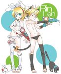  1girl animal_ears aqua_eyes bad_id bad_pixiv_id bikini blonde_hair bow breasts brother_and_sister bunny bunny_ears cat cat_ears detached_sleeves hair_bow headphones kagamine_len kagamine_rin lalamix male_swimwear nipples one_eye_closed otoko_no_ko siblings small_breasts swim_briefs swimsuit swimwear tail thighhighs toeless_legwear twins vocaloid water_gun 