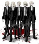  alternate_costume bespectacled blonde_hair blood calanthe_(artist) clare_(claymore) claymore deneve formal glasses helen_(claymore) jean miria_(claymore) multiple_girls pant_suit parody reservoir_dogs suit 
