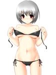  bad_id bad_pixiv_id bikini blush breasts grey_hair highres medium_breasts original red_eyes short_hair solo swimsuit tsukumiya_amane underboob undressing 