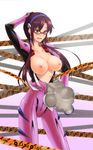  absurdres bad_id bad_pixiv_id blush bodysuit breasts caution_tape fang glasses highres large_breasts long_hair makinami_mari_illustrious neon_genesis_evangelion nipples pink_bodysuit plugsuit prime rebuild_of_evangelion solo 