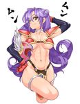  armor bikini_armor brown_eyes cropped_legs dragon_quest dragon_quest_iii elbow_gloves gloves headwear_removed helmet helmet_removed highres md5_mismatch muscle purple_hair soldier_(dq3) solo takoyaki_neko-san 