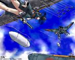  a7m_reppuu aircraft airplane b-29_superfortress black_hair character_name condensation_trail drop_tank long_hair lowres mecha_musume military multiple_girls oekaki panties pantyshot sword underwear weapon world_war_ii yonezuka_ryou 