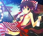  apron ass bad_id bad_pixiv_id bow breasts brown_hair gohei hair_bow hakurei_reimu kakei long_hair medium_breasts naked_apron no_panties polka_dot polka_dot_apron sideboob solo striped striped_legwear thighhighs torii touhou 