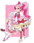  ashita_no_nadja blonde_hair boots bow brown_eyes choker company_connection crossover cure_blossom femdom hanasaki_tsubomi heartcatch_precure! highres human_chair human_furniture knee_boots long_hair magical_girl multiple_girls nadja_applefield pink_background pink_bow pink_choker pink_eyes pink_hair ponytail precure sitting sitting_on_person takoyaki_neko-san tears touei 