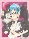  bat_wings blue_hair bonnet breasts cleavage collar demon_girl dress duplicate hair_ribbon kurono_kurumu kuruno_kurumu legwear maid maid_apron morioka_ginei morioka_ginnei pointy_ears purple_eyes ribbon rosario+vampire stockings succubus tail thighhighs werewolf wings wolf 