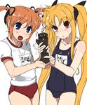  bad_id bad_pixiv_id buruma fate_testarossa gym_uniform long_hair lyrical_nanoha mahou_shoujo_lyrical_nanoha multiple_girls one-piece_swimsuit rkrk school_swimsuit sexually_suggestive swimsuit takamachi_nanoha twintails yuuno_scrya 