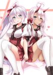  2girls ahoge azur_lane bangs black_footwear blue_eyes blush breasts cleavage closed_mouth collarbone dark_skin dress eyebrows_visible_through_hair hand_holding heart heart-shaped_pupils heart_ahoge heterochromia highres horns indianapolis_(azur_lane) large_breasts loafers long_hair looking_at_viewer medium_breasts multiple_girls necktie open_mouth panties pinafore_dress pink_hair pleated_dress portland_(azur_lane) red_dress ryara_vivi sailor_collar shirt shoes side_ponytail sidelocks sitting skirt smile symbol-shaped_pupils thighhighs tongue tongue_out twintails underwear very_long_hair white_legwear white_panties white_shirt yellow_eyes 