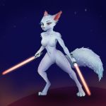 2019 absurd_res anthro canid canine crystal crystal_fox female fox foxyghost fur hi_res looking_at_viewer mammal nipples nude pinup pose red_eyes red_nose simple_background solo star_wars vulptex white_fur zenesse_hjeoda 