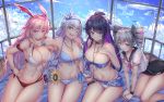  4girls all_fours alternate_costume animal_ears armband bangle bangs bare_shoulders benghuai_xueyuan bikini bird black_swimsuit blue_bikini blue_eyes blue_sky blush bow bracelet braid breasts bronya_zaychik cenangam choker cleavage closed_mouth cloud collarbone day drill_hair earrings eyebrows_visible_through_hair floral_print flower food fox_ears front-tie_bikini front-tie_top grey_eyes grey_hair groin hair_between_eyes hair_bow hair_ornament hairband hand_on_own_cheek hand_on_own_chest highres honkai_(series) honkai_impact_3 indoors jewelry kiana_kaslana large_breasts light_particles long_hair looking_at_viewer mouth_hold multicolored_hair multiple_girls navel neckerchief necklace one-piece_swimsuit open_mouth pink_hair pink_neckwear popsicle purple_eyes purple_hair raiden_mei sarong seagull side-tie_bikini sidelocks silver_hair sitting sky small_breasts smile sparkle stomach sunflower swimsuit thighs twin_braids twin_drills twintails two-tone_hair v very_long_hair yae_sakura_(honkai_impact) 