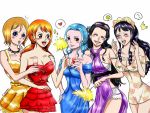  5girls baby_5 black_hair brunette_hair dress koala_(one_piece) long_dress long_hair multiple_girls nami_(one_piece) nefertari_vivi nico_robin one_piece orange_hair smile tattoo 