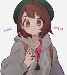  1girl brown_eyes brown_hair closed_mouth creatures_(company) female_protagonist_(pokemon_swsh) game_freak green_hat hat holding holding_poke_ball hood hooded_sweater itou_(very_ito) long_sleeves nintendo poke_ball pokemon pokemon_(game) pokemon_swsh short_hair simple_background smile solo sweater tam_o&#039;_shanter upper_body white_background 