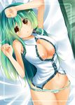  breasts cleavage cleavage_cutout green_hair groin kochiya_sanae large_breasts long_hair lying masa_(miyabitei) navel panties solo touhou underwear 