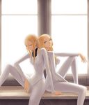  blonde_hair breasts calanthe_(artist) casual claymore curly_hair frown irene_(claymore) large_breasts leaning_back long_hair looking_at_viewer multiple_girls silver_eyes smile straight_hair teresa_(claymore) window 