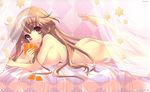  absurdres alice_parade ass barefoot bed breasts brown_eyes brown_hair card curtains hairband highres holding holding_card itou_noiji long_hair lying lying_card medium_breasts miori_(alice_parade) nude on_stomach sideboob smile solo very_long_hair 